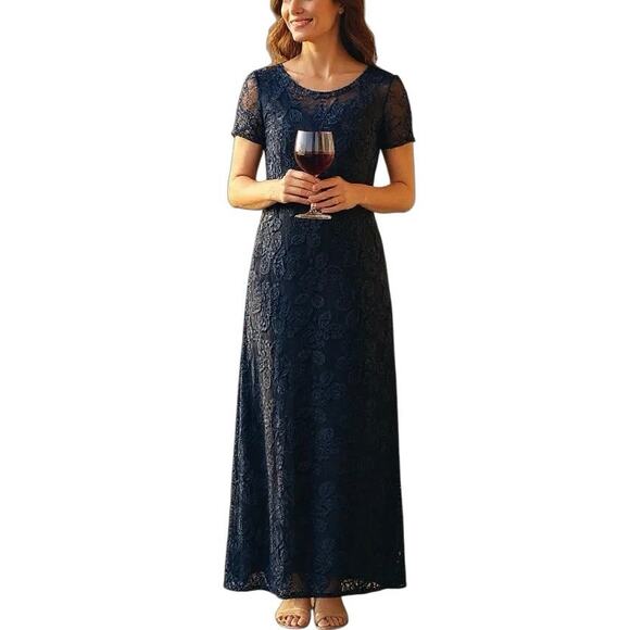 Navy Lace Gown Floral Sequin Maxi Formal Dress Mother of the Bride Dance Sz 14 - Picture 1 of 13